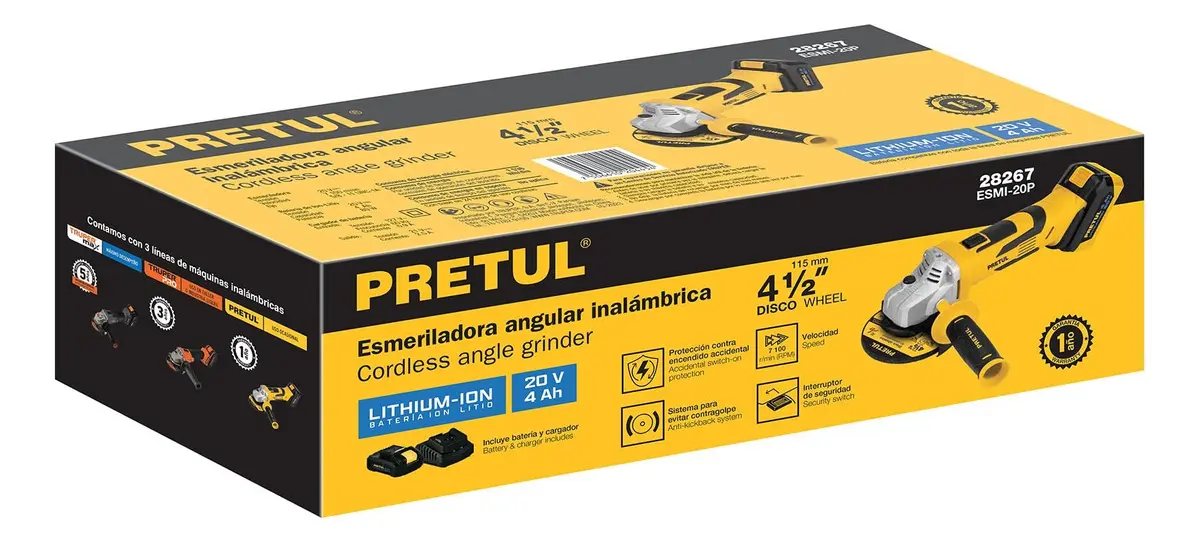 Esmeriladora Angular Inalámbrica 4-1/2'' 20v Pretul Esmi-20p Color Amarillo - Imagen 2